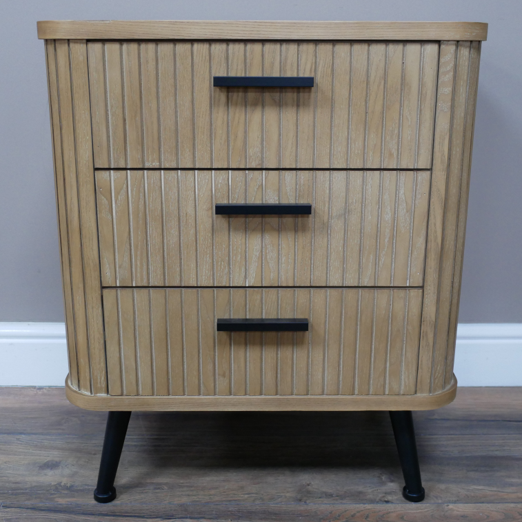 Three Drawer Panelled Fir Wood Bedside Cabinet front on view