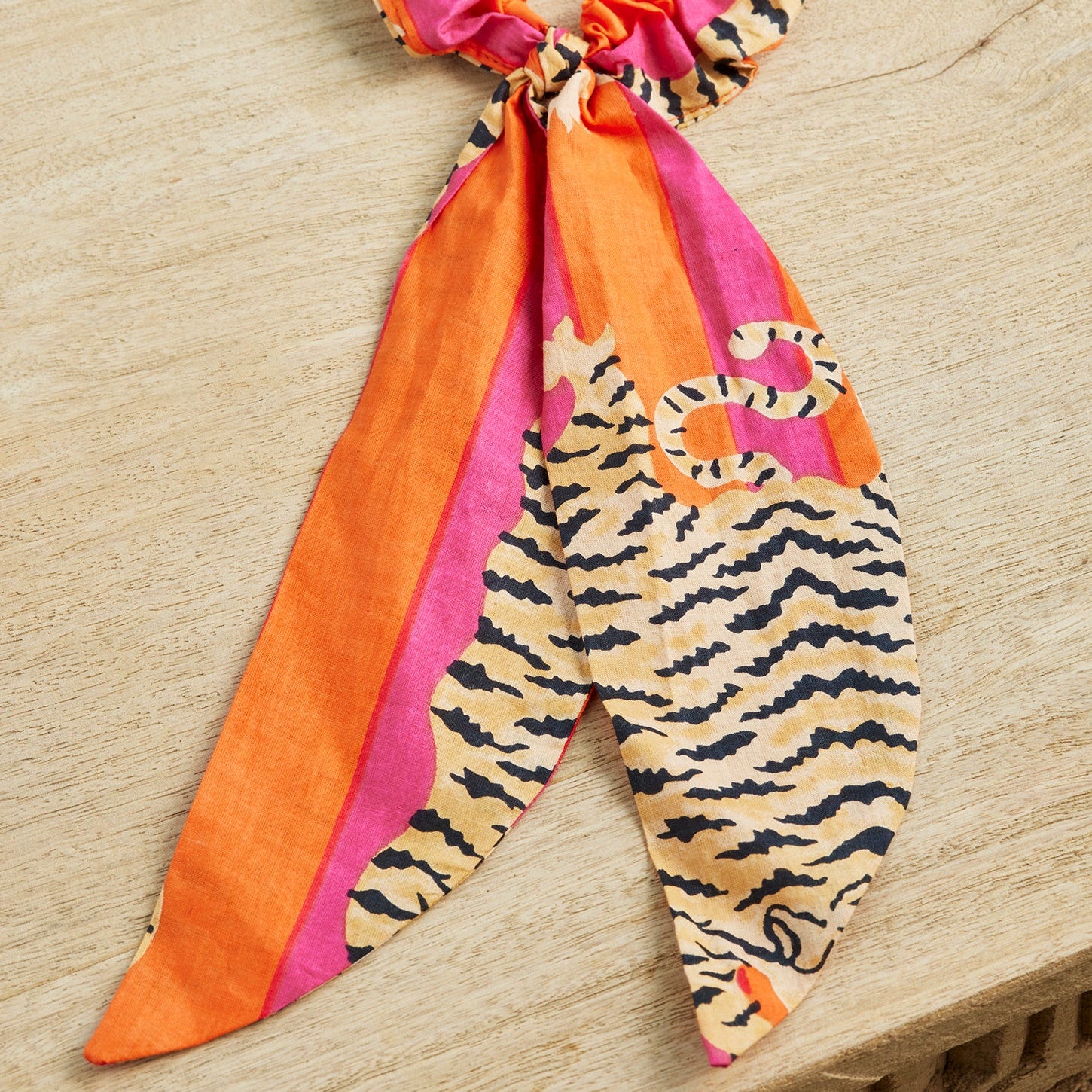 Tiger Print Pink & Orange Scrunchie With Tie - SCR3 - Uneeka