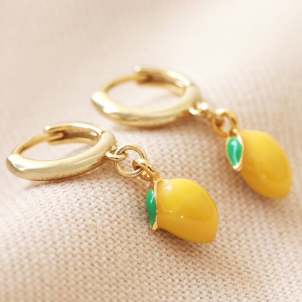 Tiny Coloured Enamel Lemon Huggie Hoop Earrings