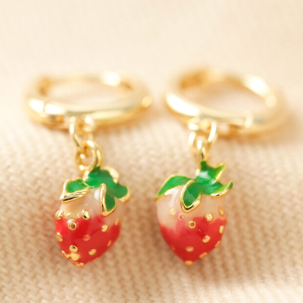 Tiny Coloured Enamel Strawberry Huggie Hoop Earrings