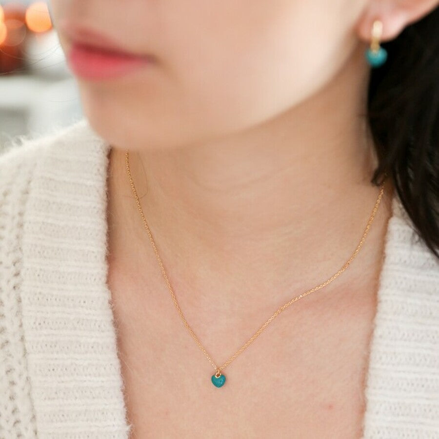 Tiny Enamel Heart Gold Chain Necklace teal being worn