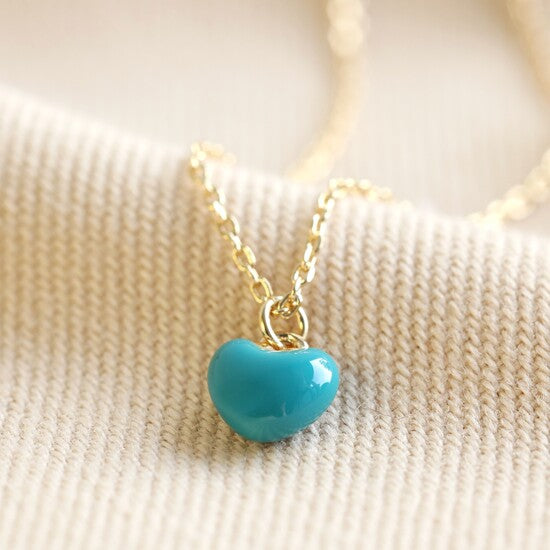 Tiny Enamel Heart Gold Chain Necklace teal close up
