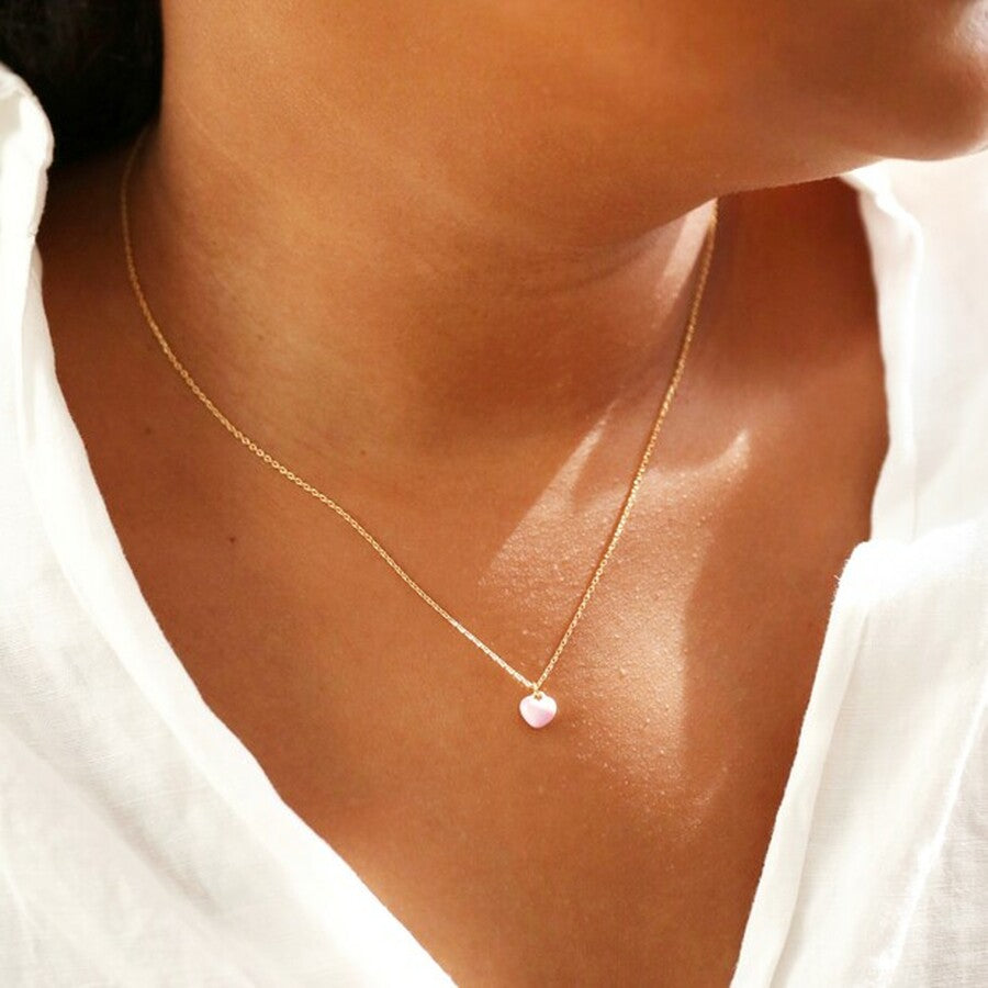 Tiny Peach Enamel Heart Gold Chain Necklace