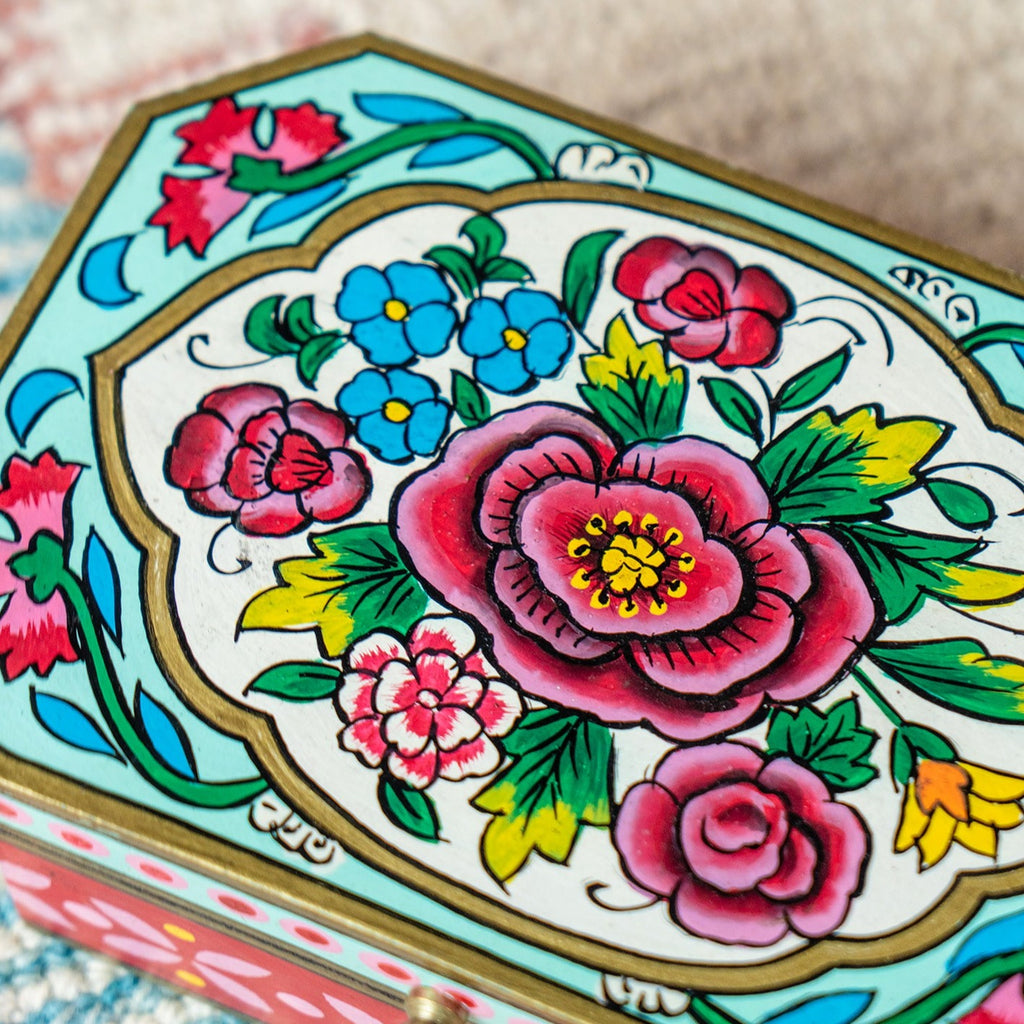 Traditional Floral Hand Painted Wooden Box close up floral