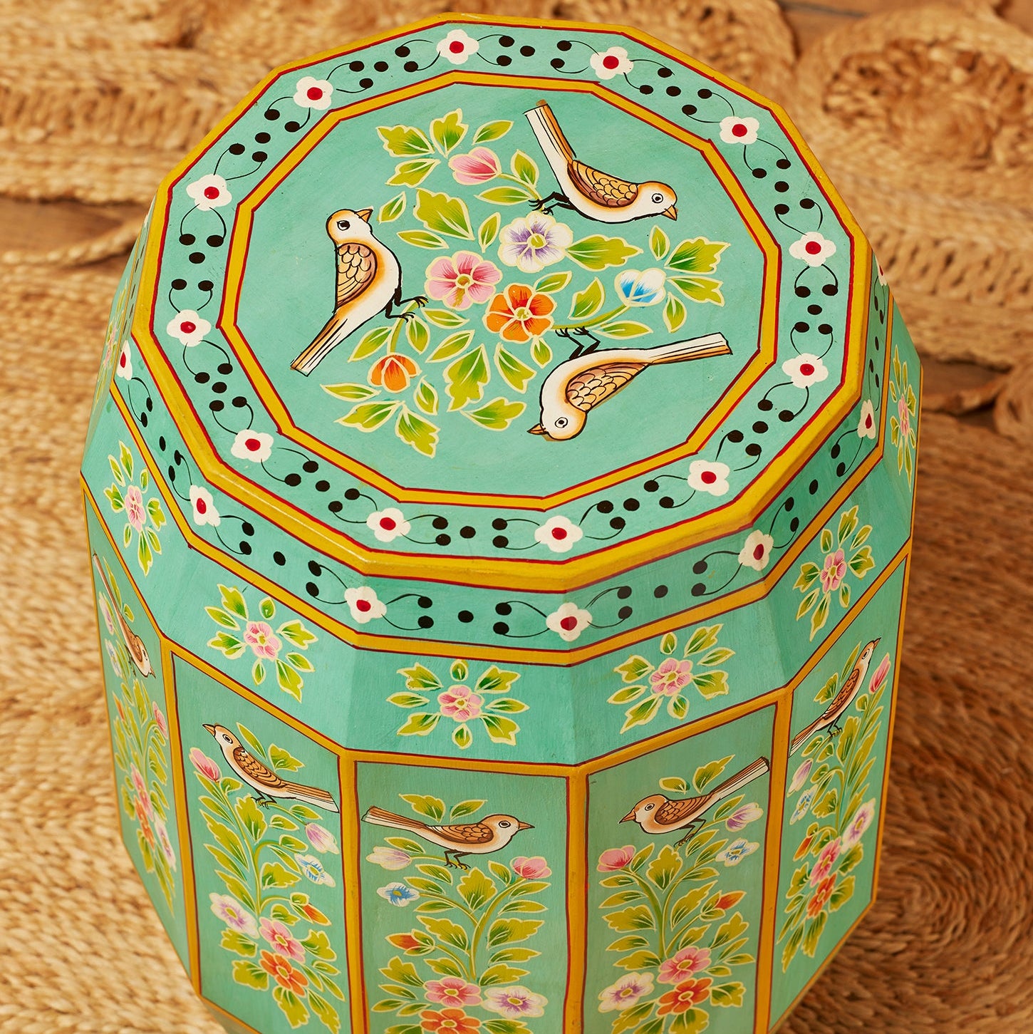 Turquoise Floral Handpainted Side Table / Stool F303- Uneeka
