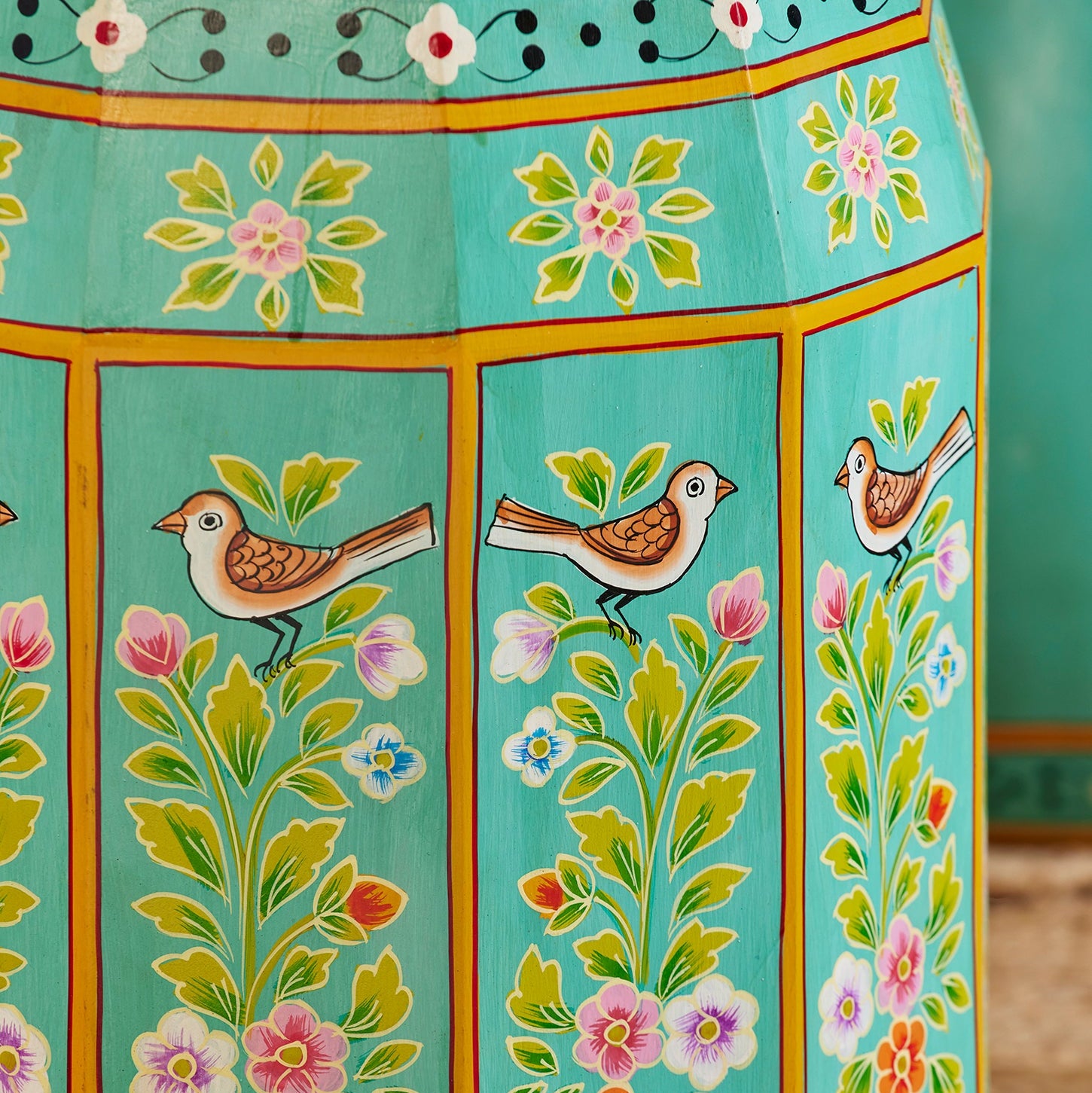 Turquoise Floral Handpainted Side Table / Stool F303- Uneeka
