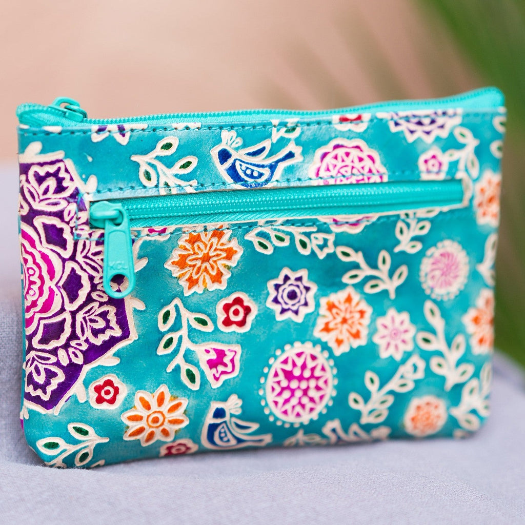 Turquoise Floral Patterned Leather Purse