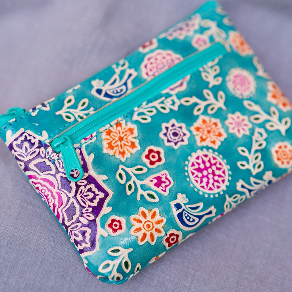 Turquoise Floral Patterned Leather Purse