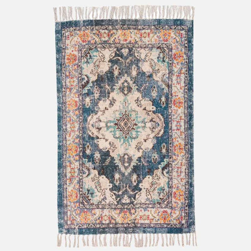 Turquoise Blue & Orange Cotton Chenille Pattern Rug - 3236 - Uneeka