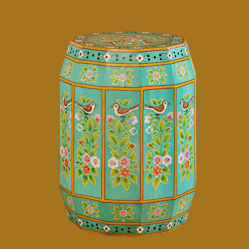 Turquoise Floral Handpainted Side Table / Stool F303- Uneeka