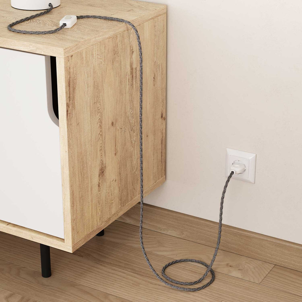 Twisted 3 Core Electrical Cable Covered with Coarse Linen in Grey  displayed with table lamp