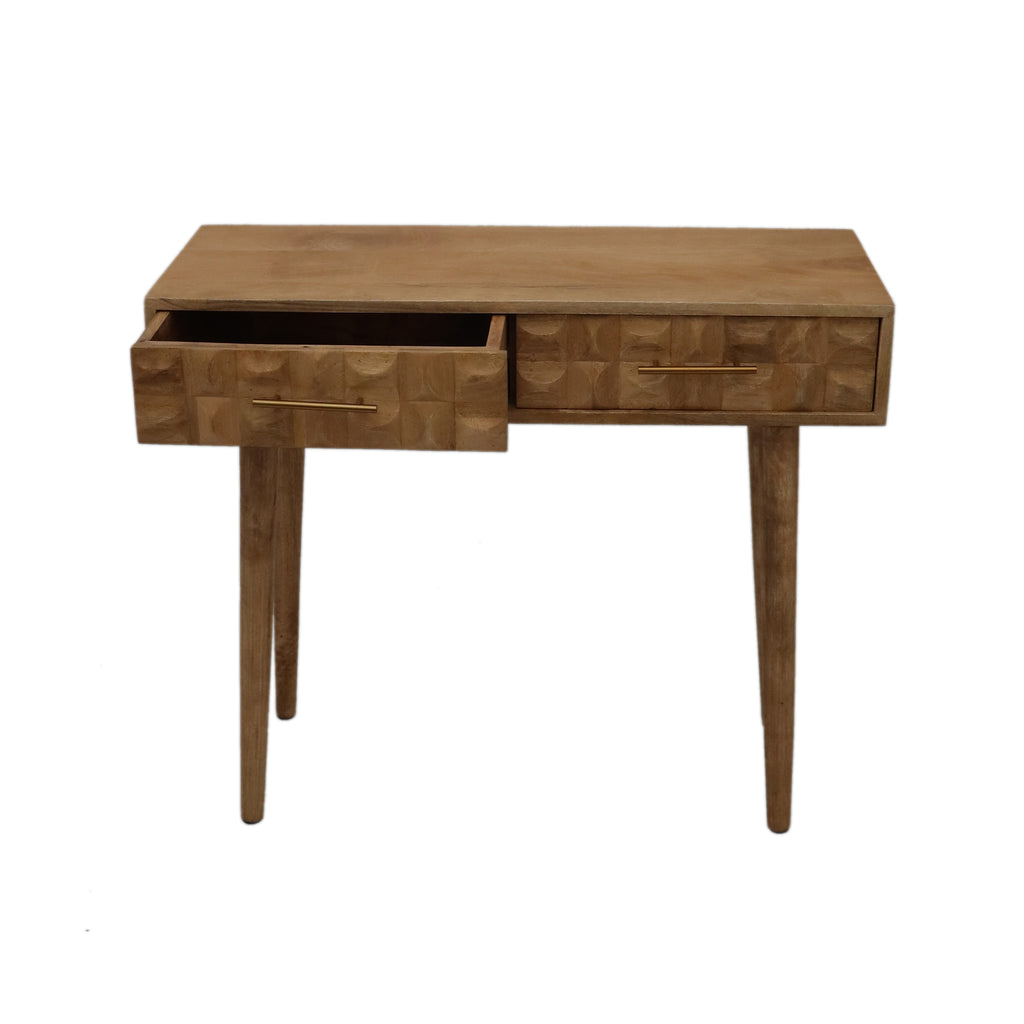 Two Drawer Checkerboard Mango Wood Console Table open drawer front view