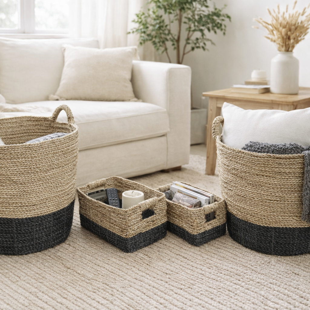 Two Tone Seagrass Black Raffia Basket - P1006 - Uneeka