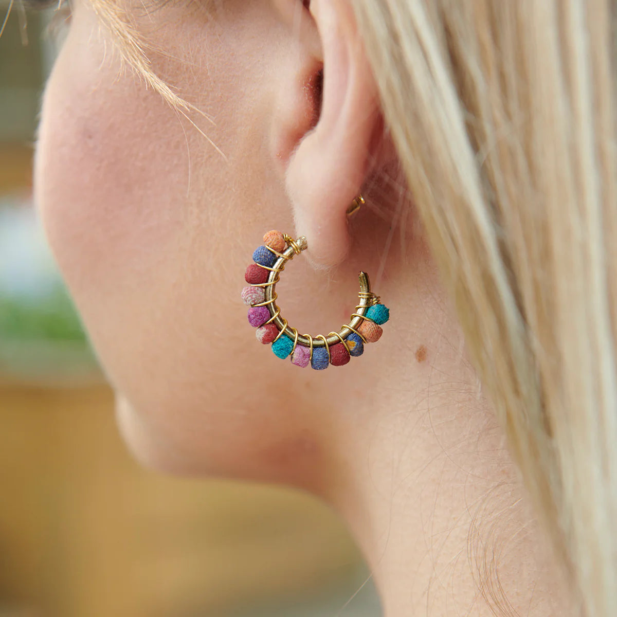 Kantha Bead Mini Brass Hoops - ER-1200 - Uneeka