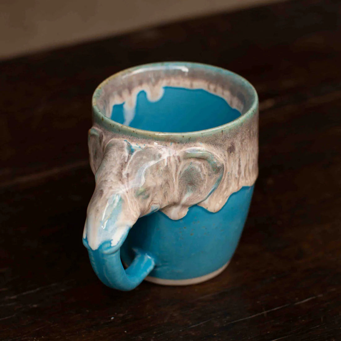 Bright Blue & White Elephant Handle Glazed Mug