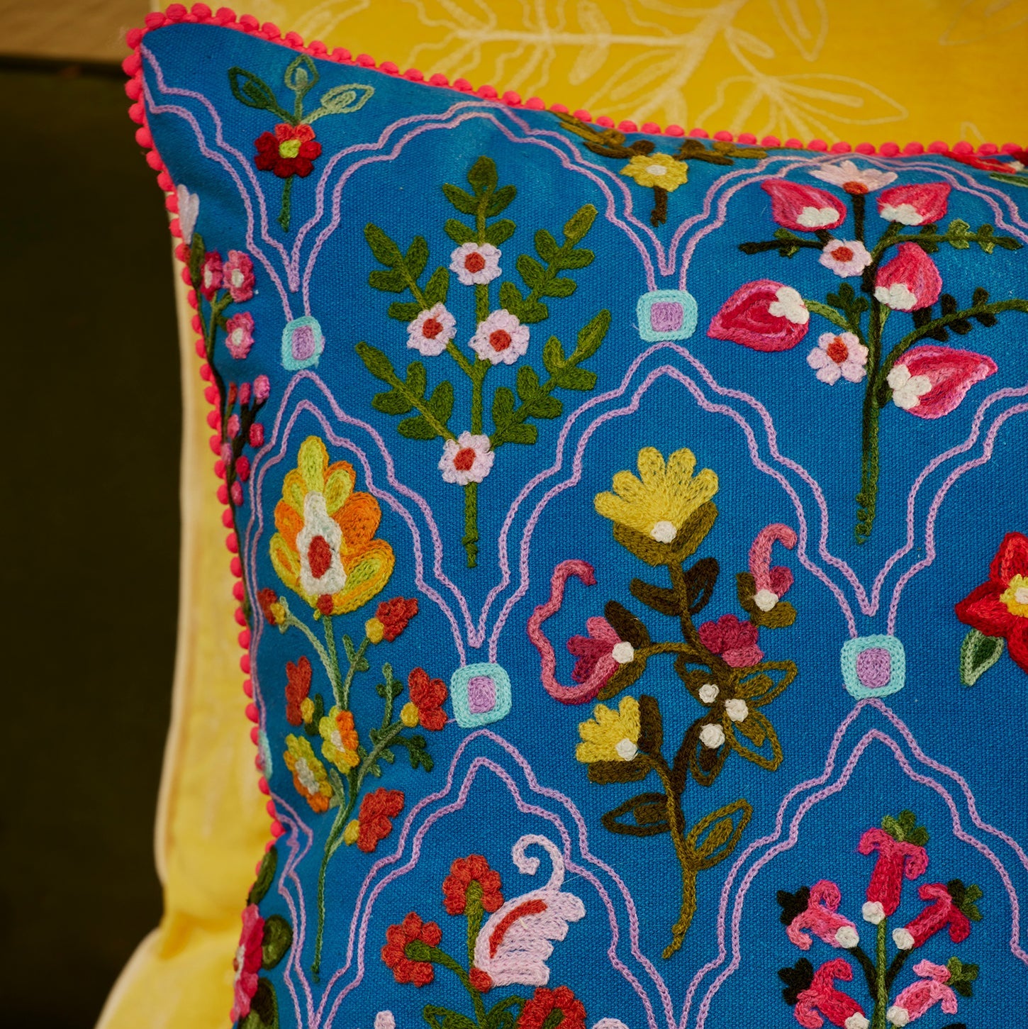 Blue Embroidered Country Garden Cushion | Handcrafted | Uneeka
