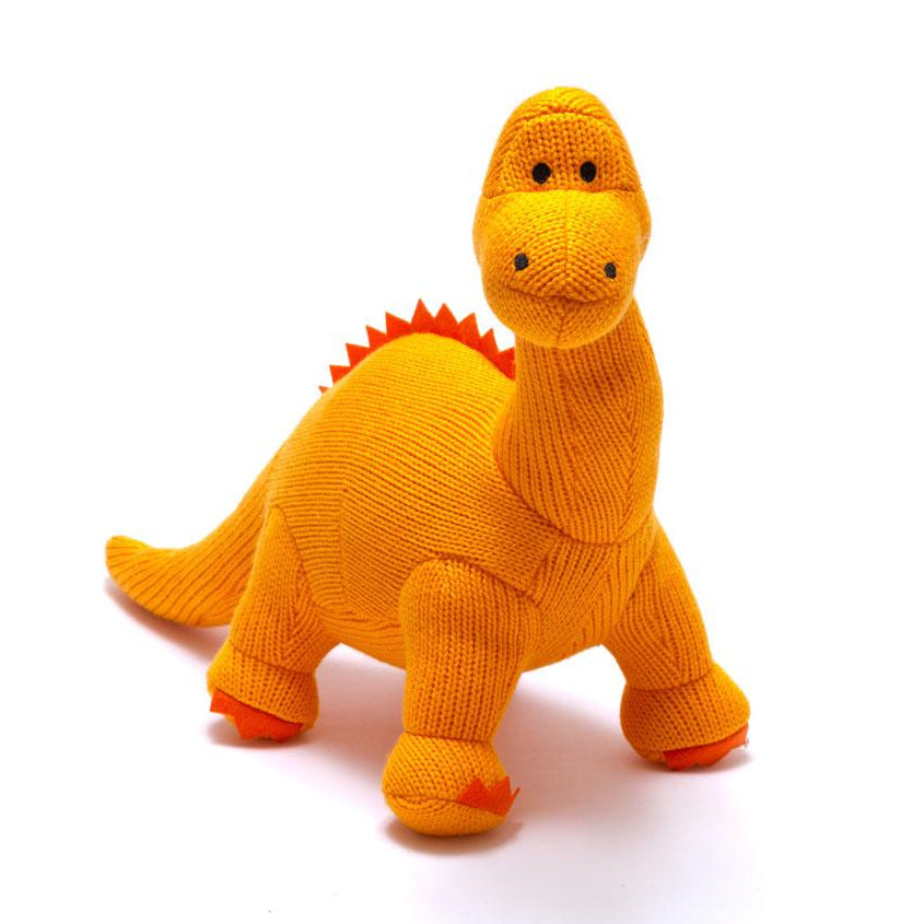 Knitted Orange Diplodocus Dinosaur Baby Rattle Uneeka