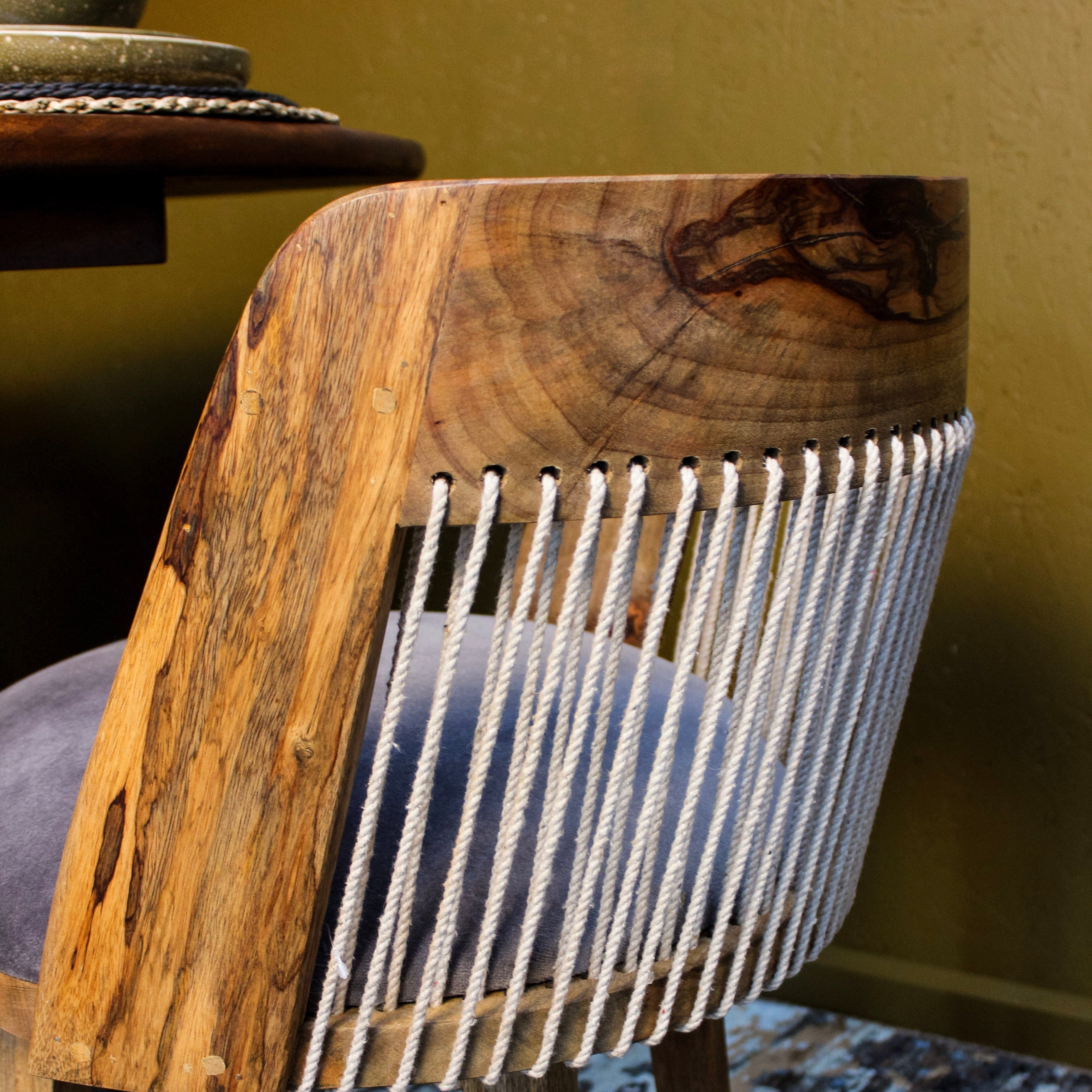 Uneeka String Back Mango Wood Chair With Velvet Seat
