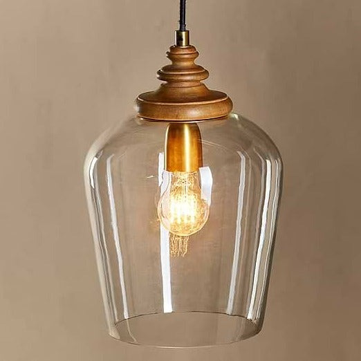 Varuna Mango Wood & Clear Glass Hanging Lamp Nkuku close up