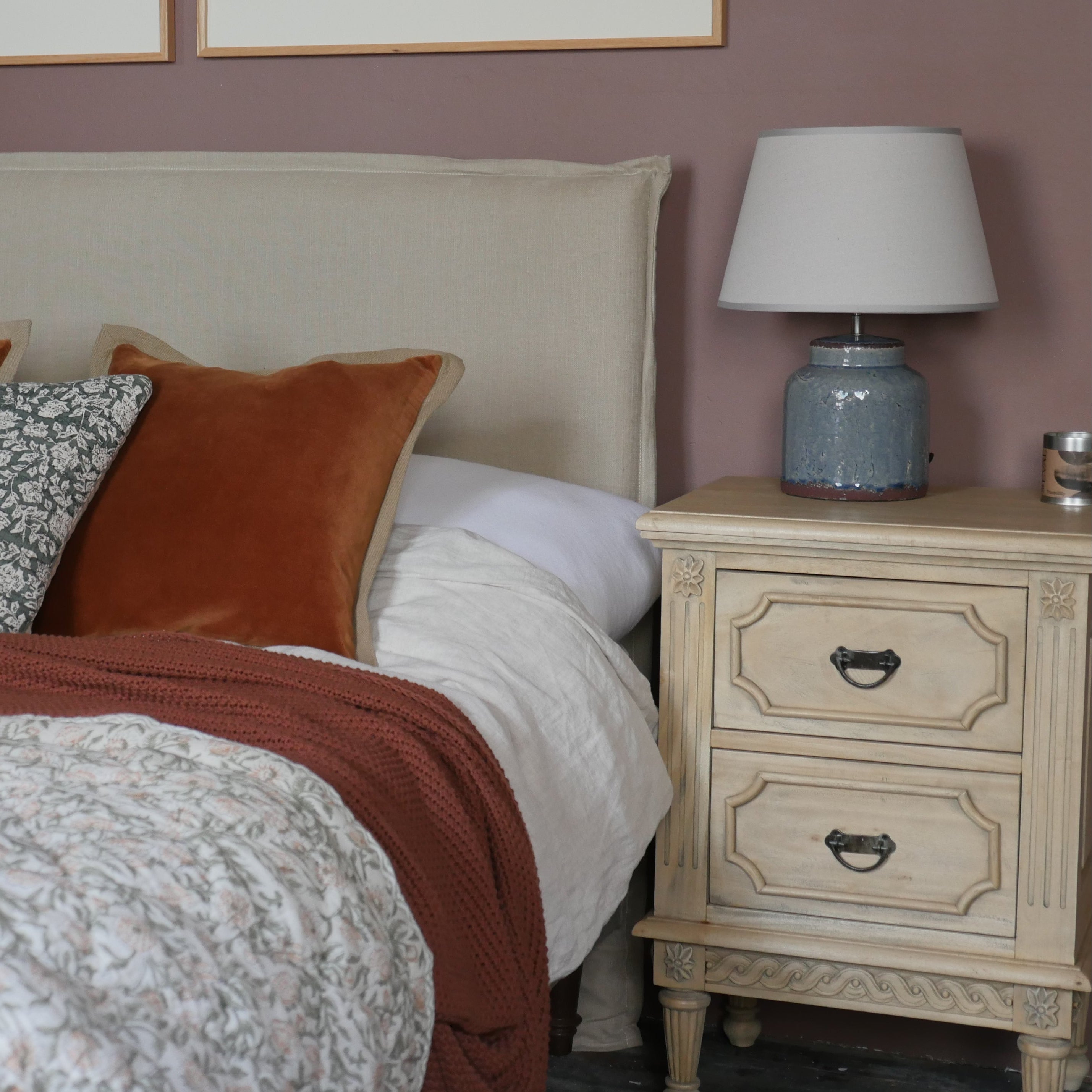 Vintage Two Drawer Bedside Table - with Blue Table Lamp Mahogany Wood 