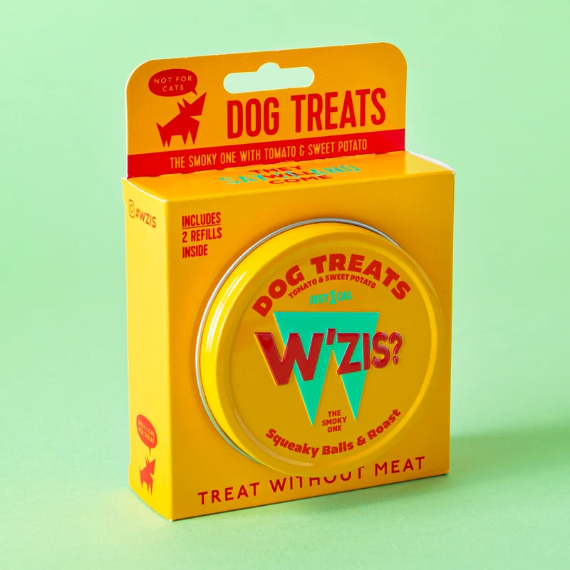 W'zis Tin & Refill Dog Treats Gift Box - Squeaky Balls & Roast - Uneeka