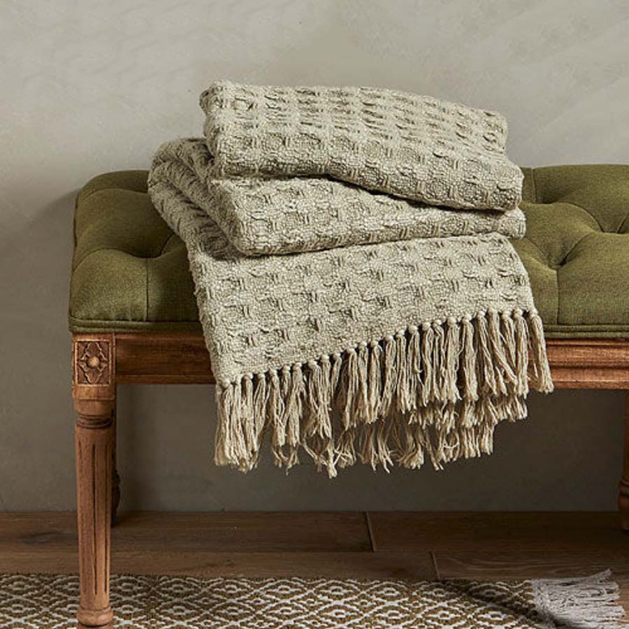 Waffle Cotton Throw with Knotted Tassels - Linen Colour