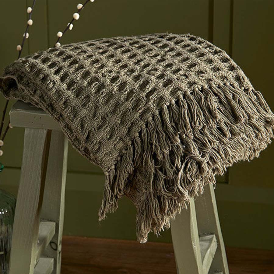 Waffle Cotton Throw with Knotted Tassels - Olive Colour
