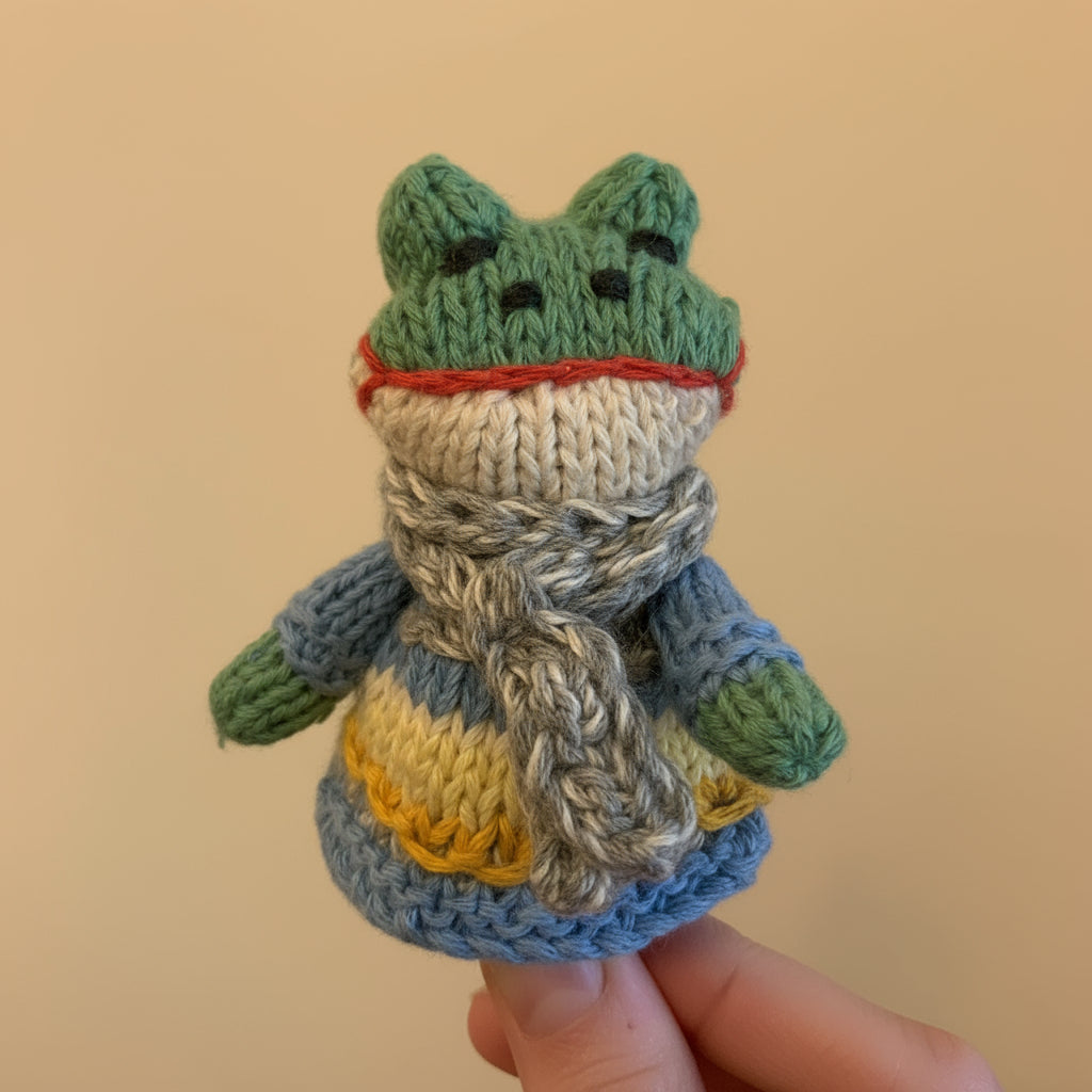 Hand Knitted Frog in Stripy Dress Finger Puppet - SYFS027 - Uneeka