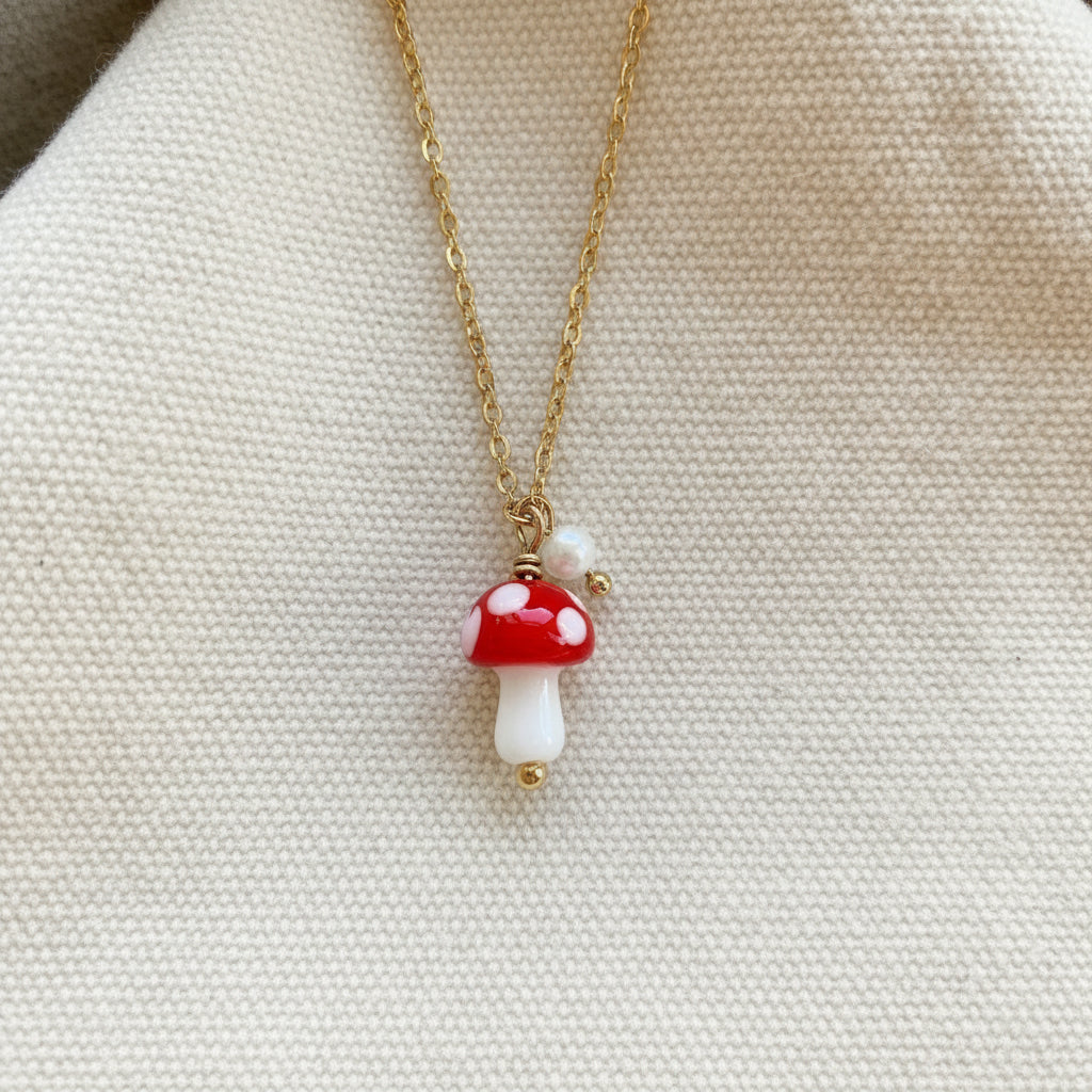 Colourful Glass Mushroom & Pearl Gold Necklace - CN - 4755 - GRD - Uneeka