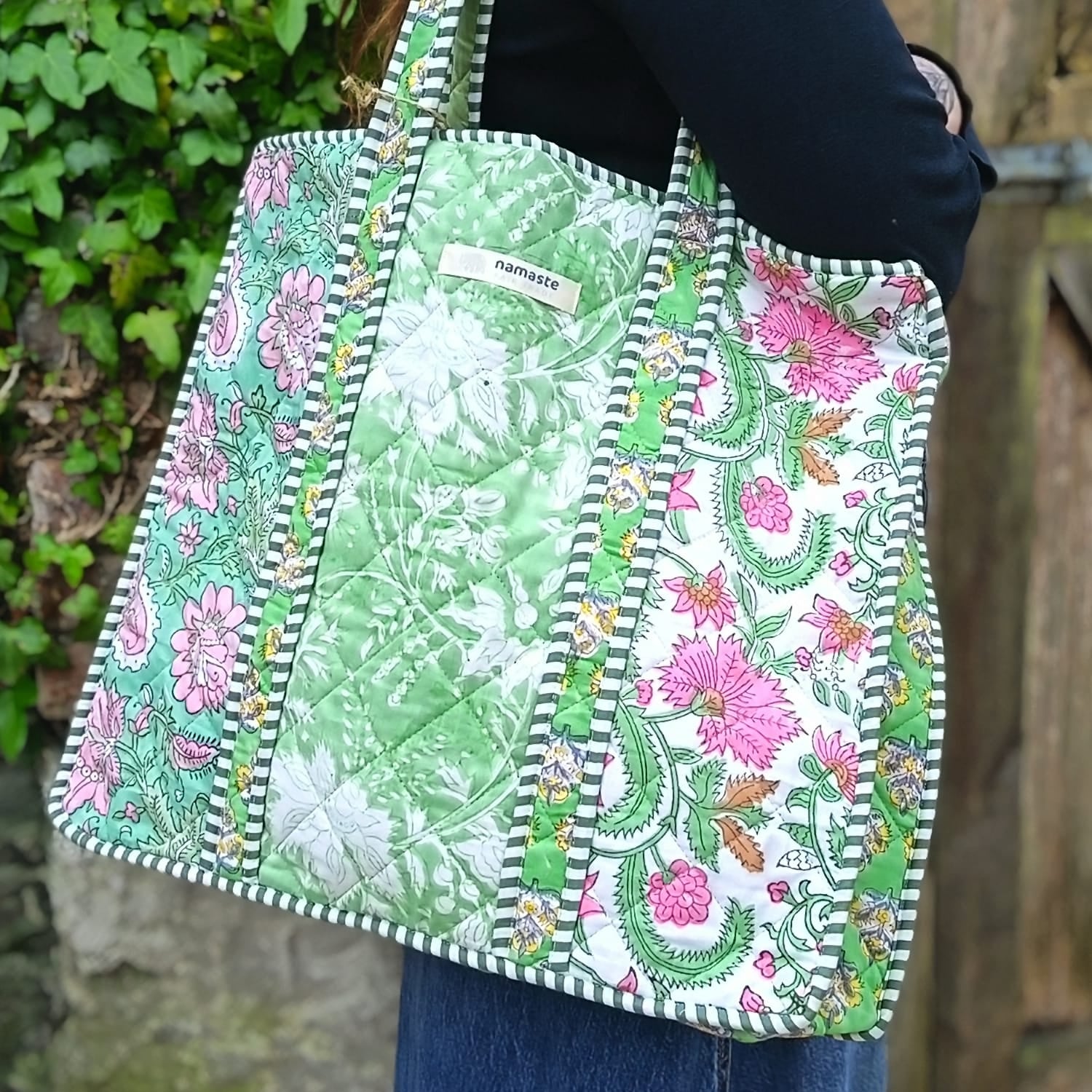 Block Print Patchwork Quilted Shopping Bag - SB14G - Uneeka