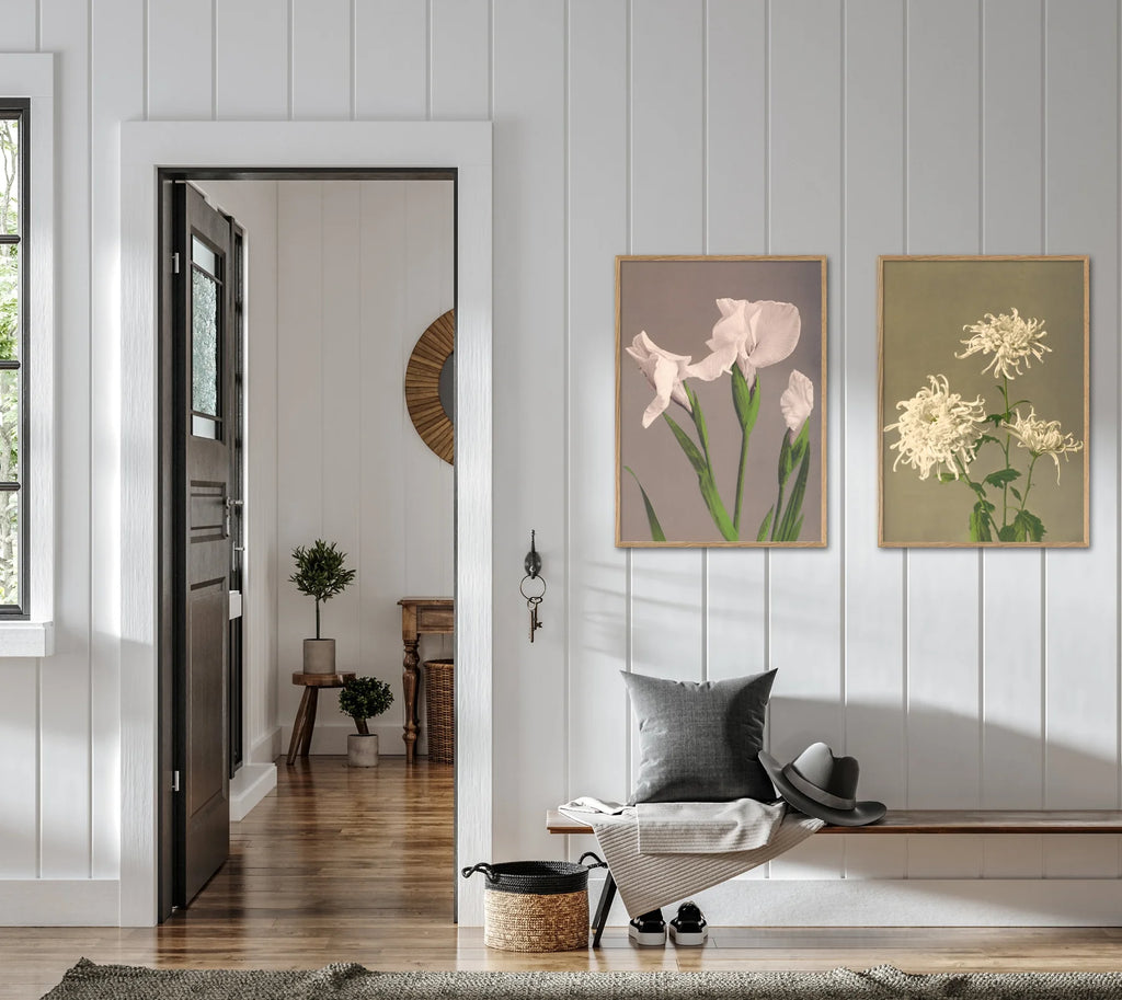 White Chrysanthemum Framed Print Oak Display Image