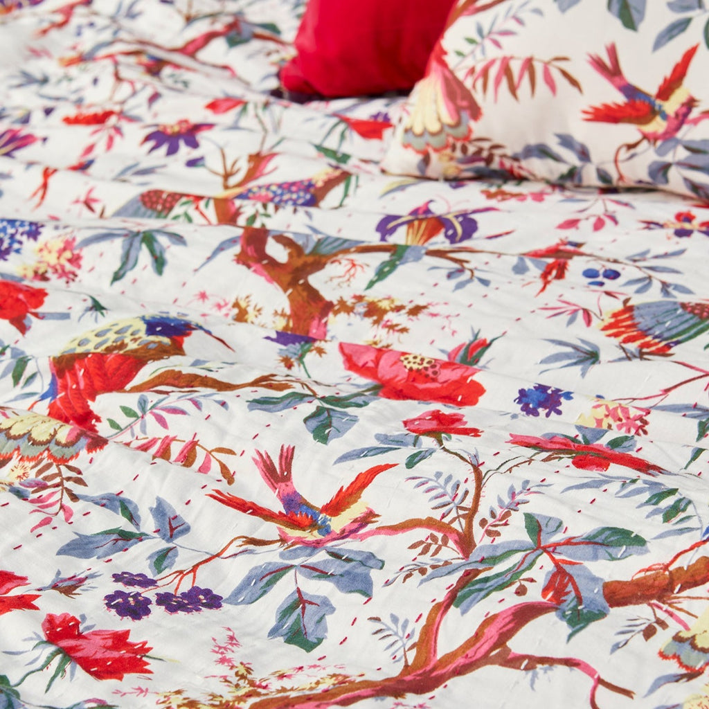 White Throw With Birds Of Paradise Design close up