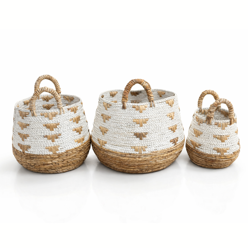 White Banana Fibre Basket With Natural Detailing - P1199 - Uneeka