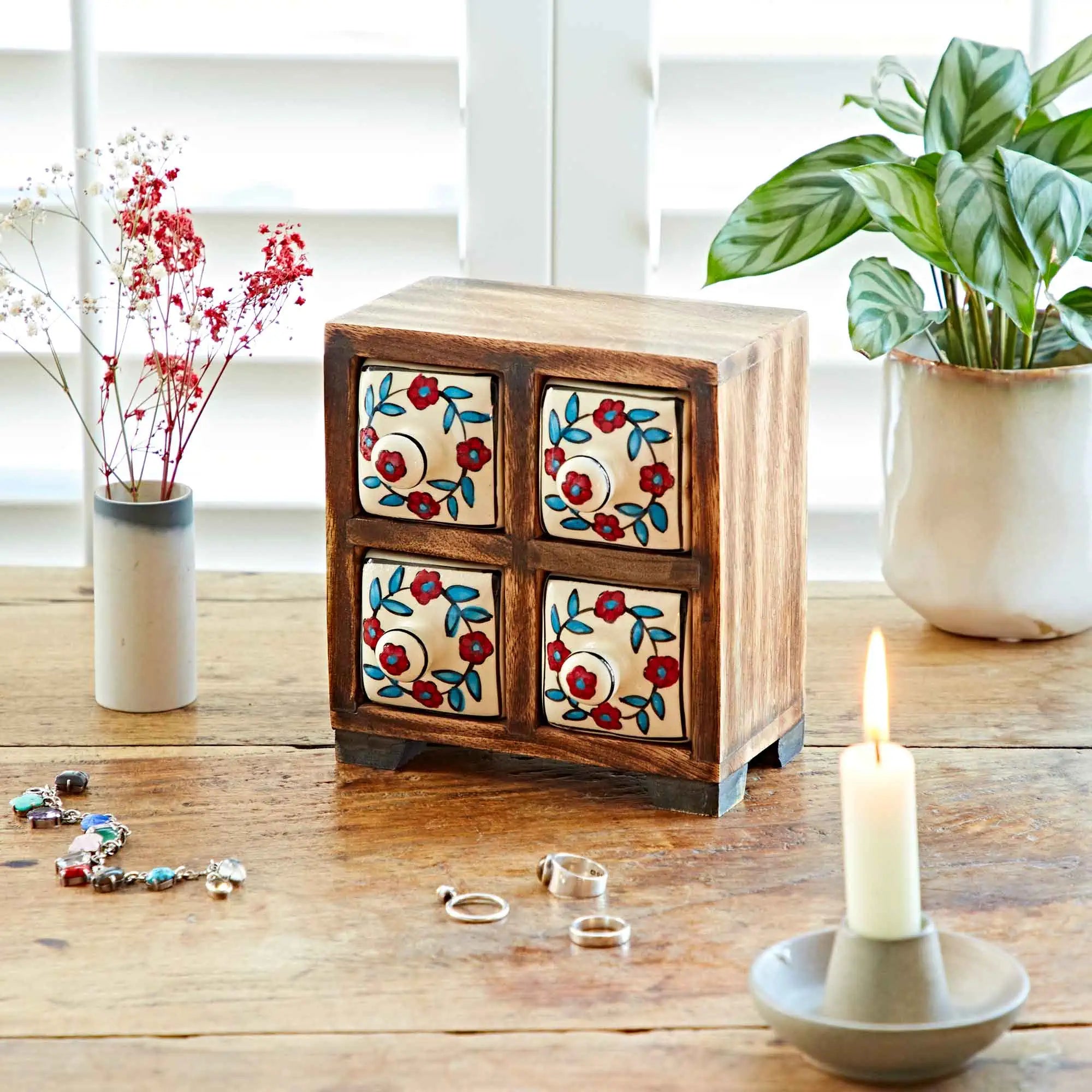 White Floral 4 Drawer Ceramic Storage Chest - T4CD-WH - Uneeka