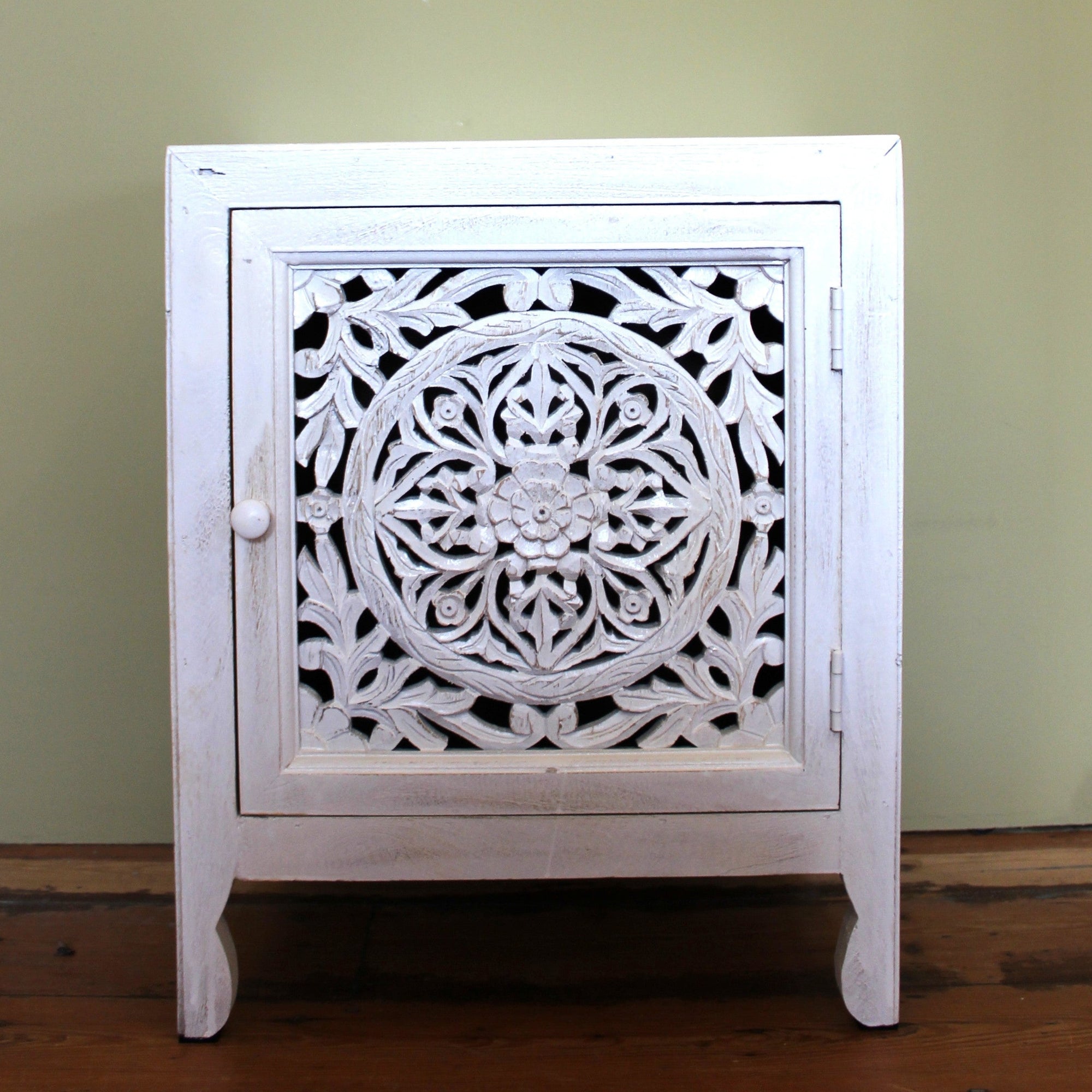 Whitewash Ornate Cut Out Bedside Cabinet - 10839 - Uneeka