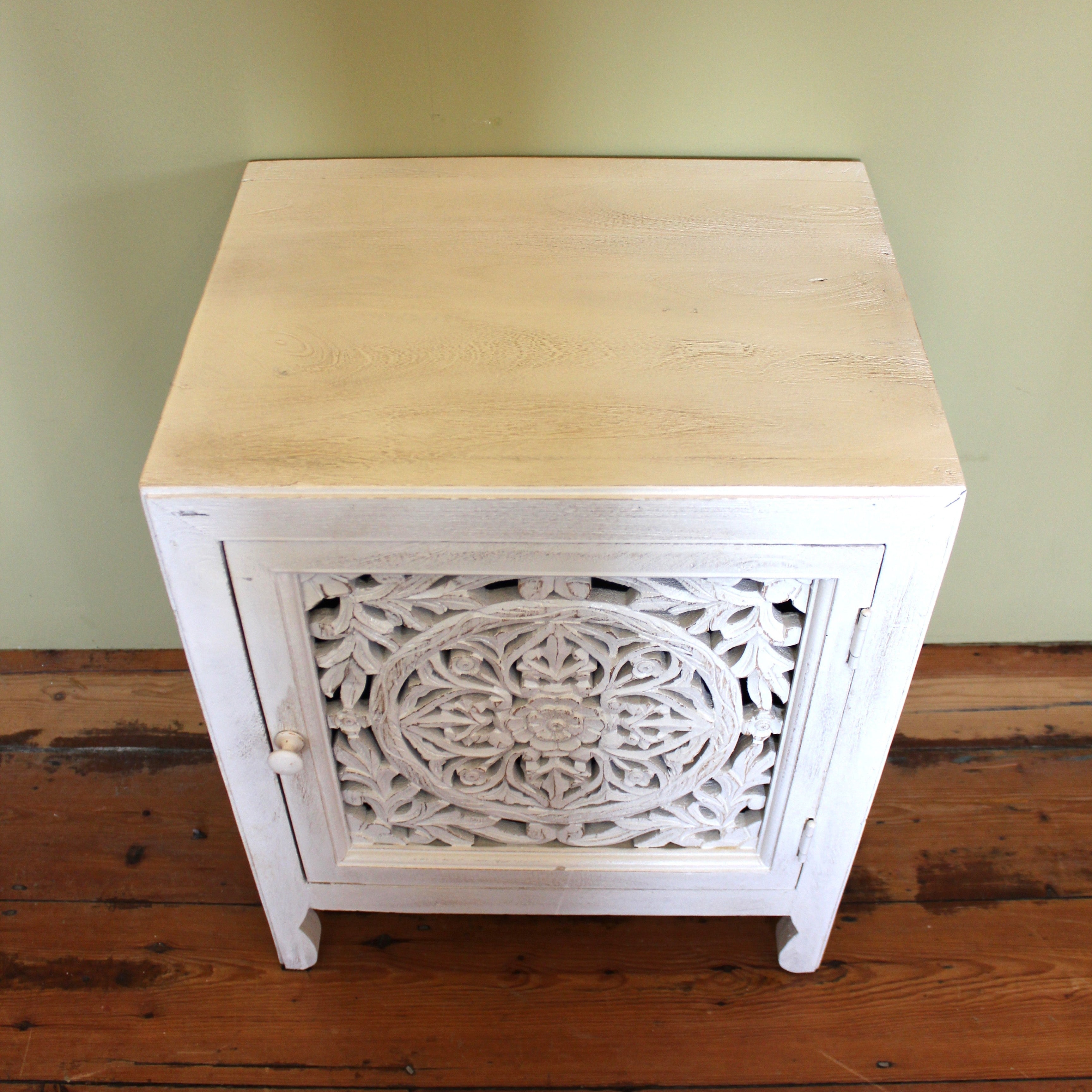 Whitewash Ornate Cut Out Bedside Cabinet - 10839 - Uneeka