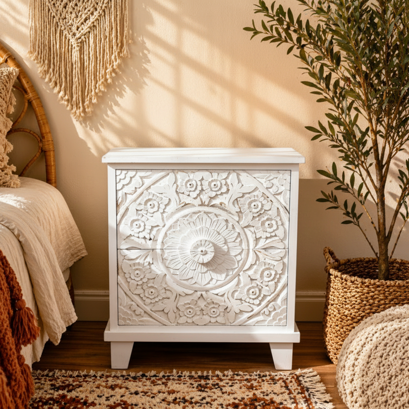 Whitewash Carved Front Two Drawer Cabinet - 12040 - Uneeka