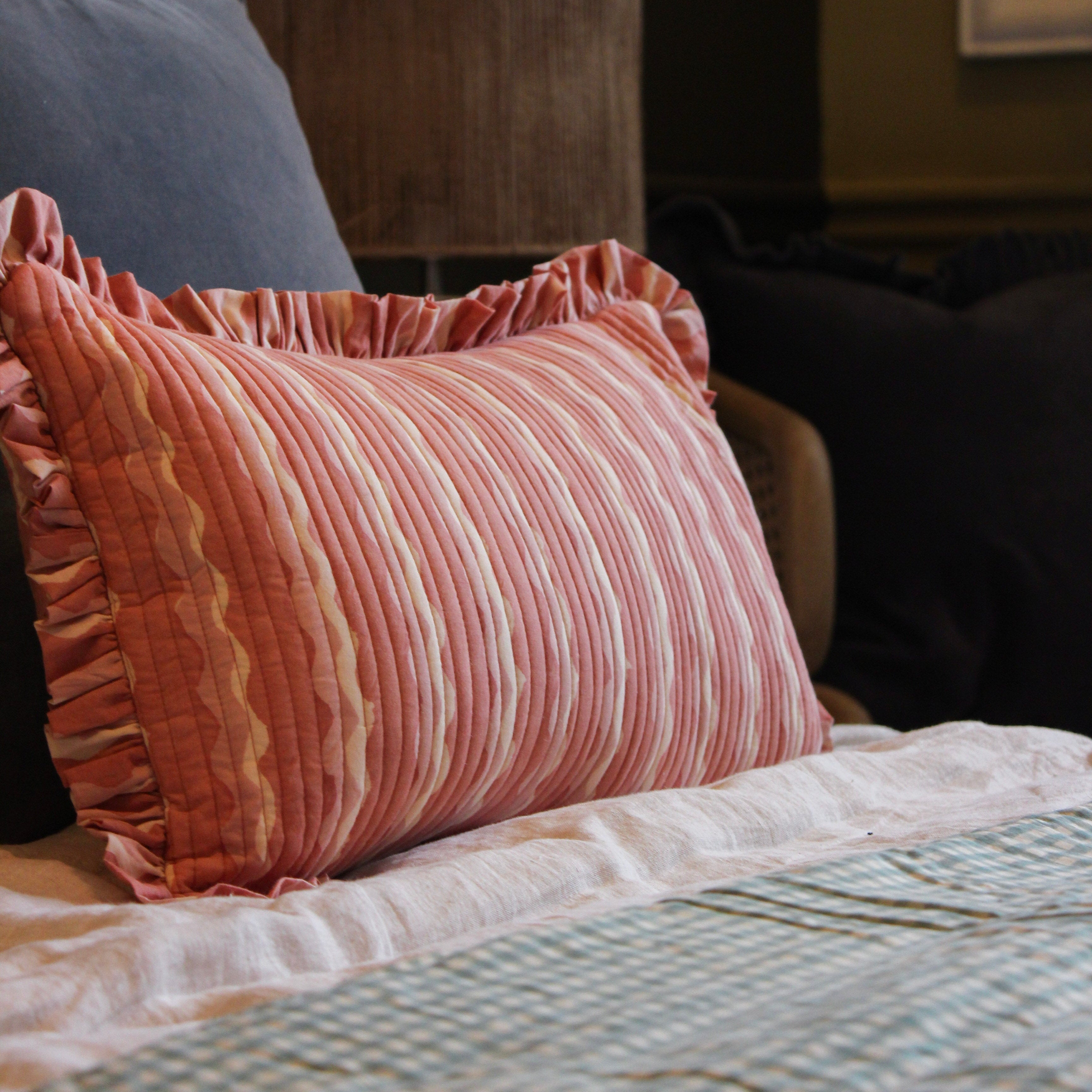 Wiggle Stripe Quilted Frill Edge Cushion Pink & Red Lifestyle Uneeka