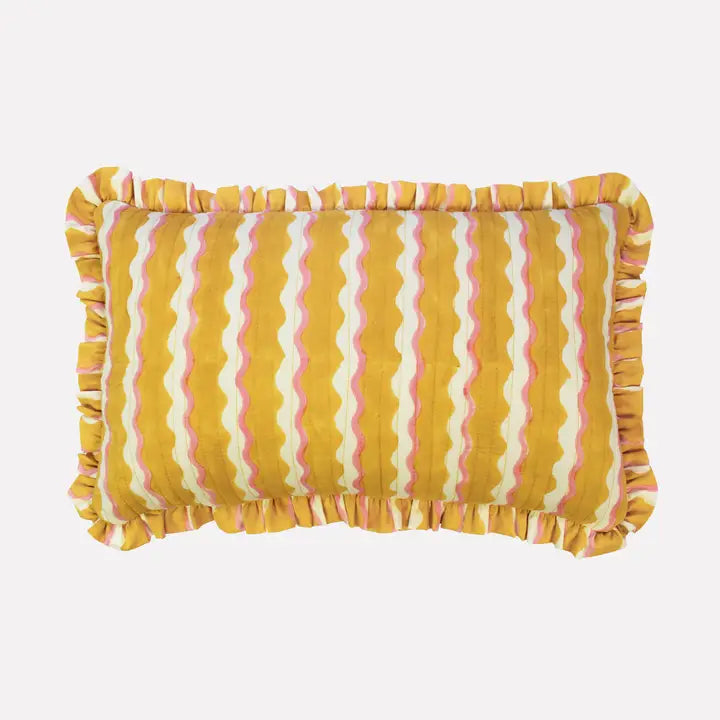 Wiggle Stripe Quilted Frill Edge Cushion - Pink & Yellow - Uneeka