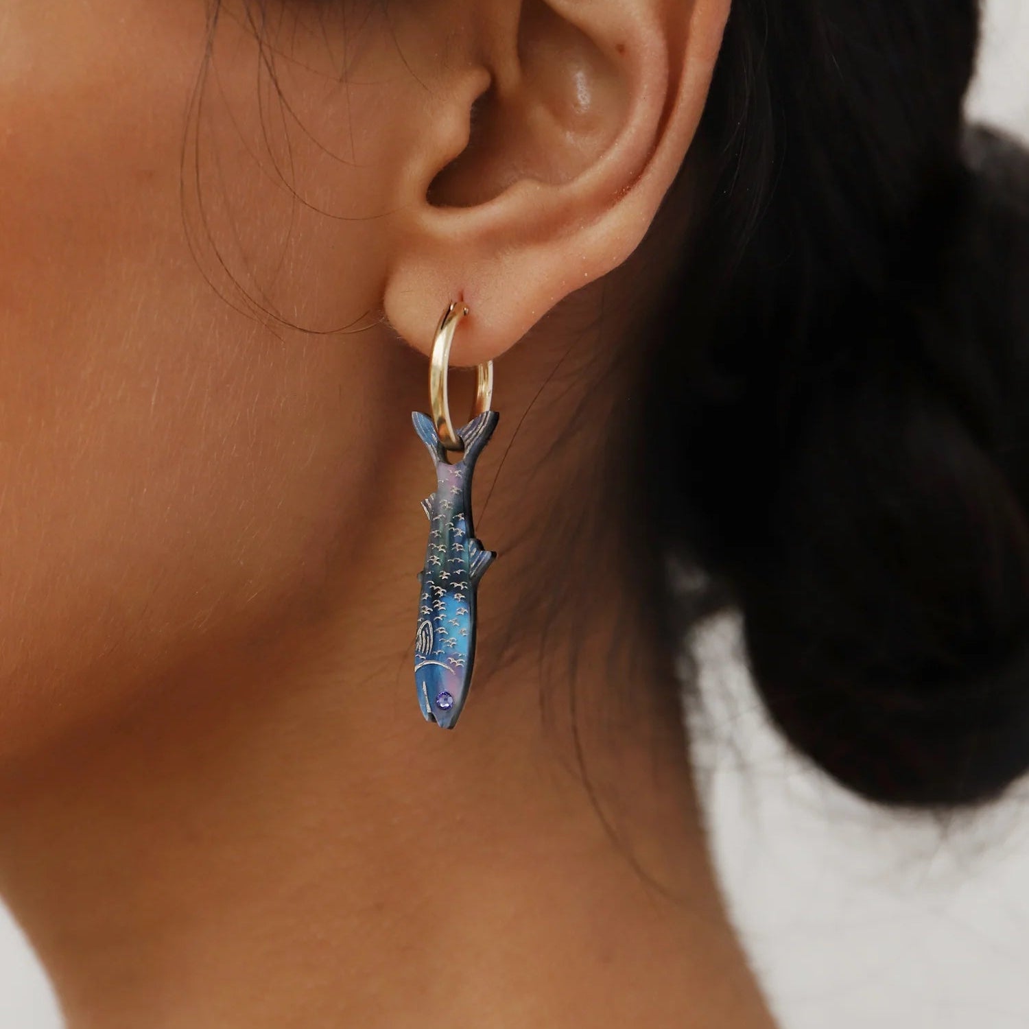 Wolf & Moon Anchovy Charms - worn as earrings - Uneeka