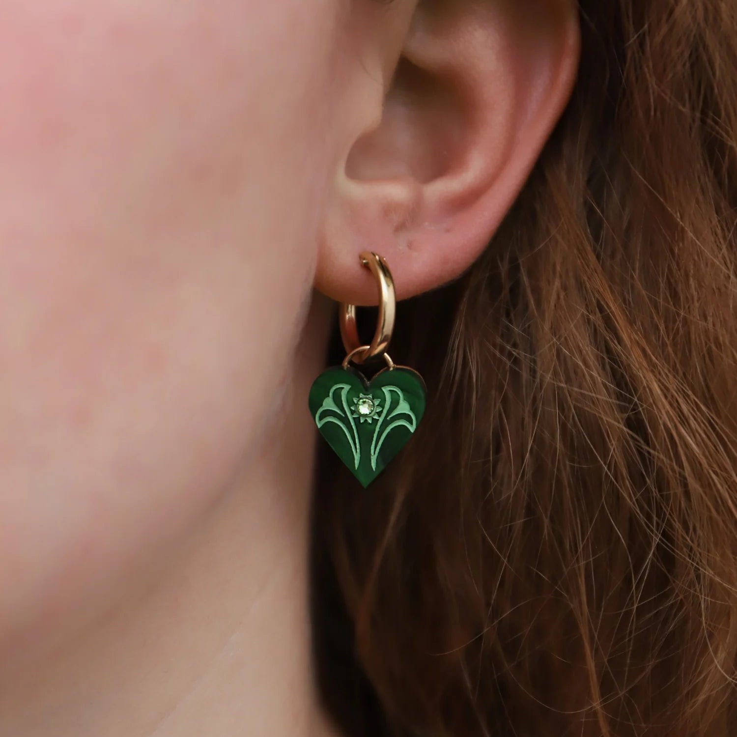 Wolf & Moon Emerald Heart Charms -  worn as earrings - Uneeka
