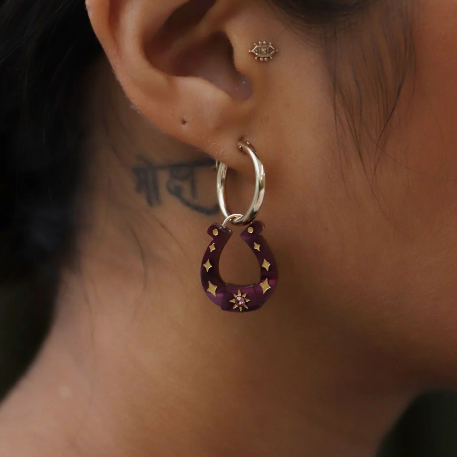 Wolf & Moon Maroon Horseshoe Charms - worn as earrings - Uneeka