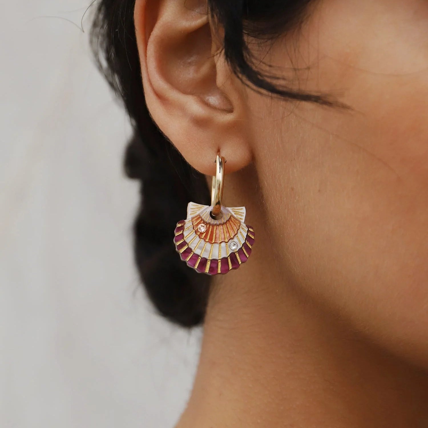 Wolf & Moon Scallop Shell Charms - worn as earrings - Uneeka