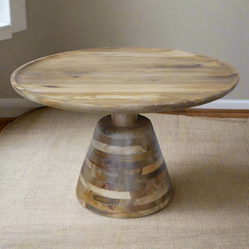 Wood Panel Pedestal Coffee Table – Unique Natural Finish Uneeka