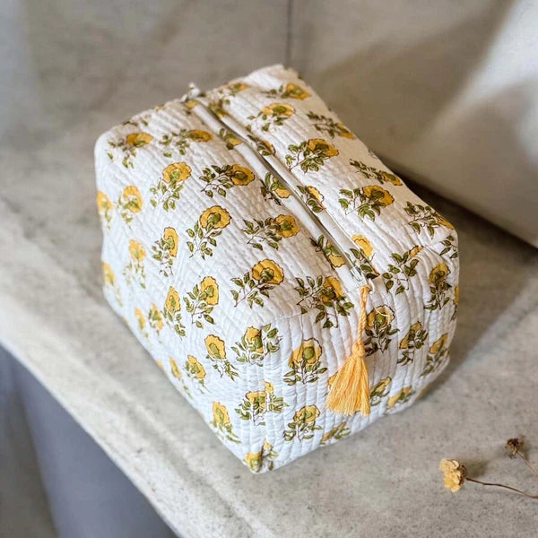 Yellow & Cream Block Print Wash Bag - Uneeka