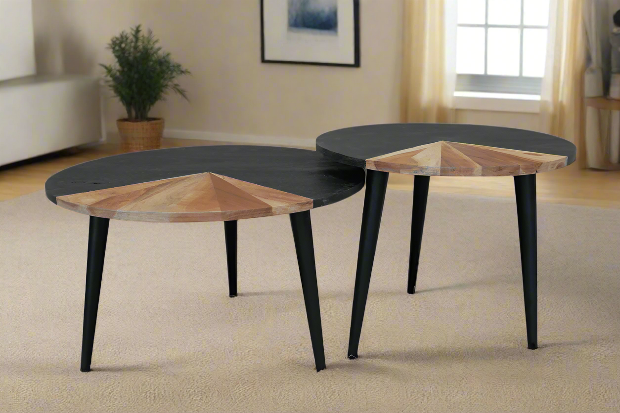 Acacia Wood & Black Iron Side Table - 8670 - SHORT - Uneeka