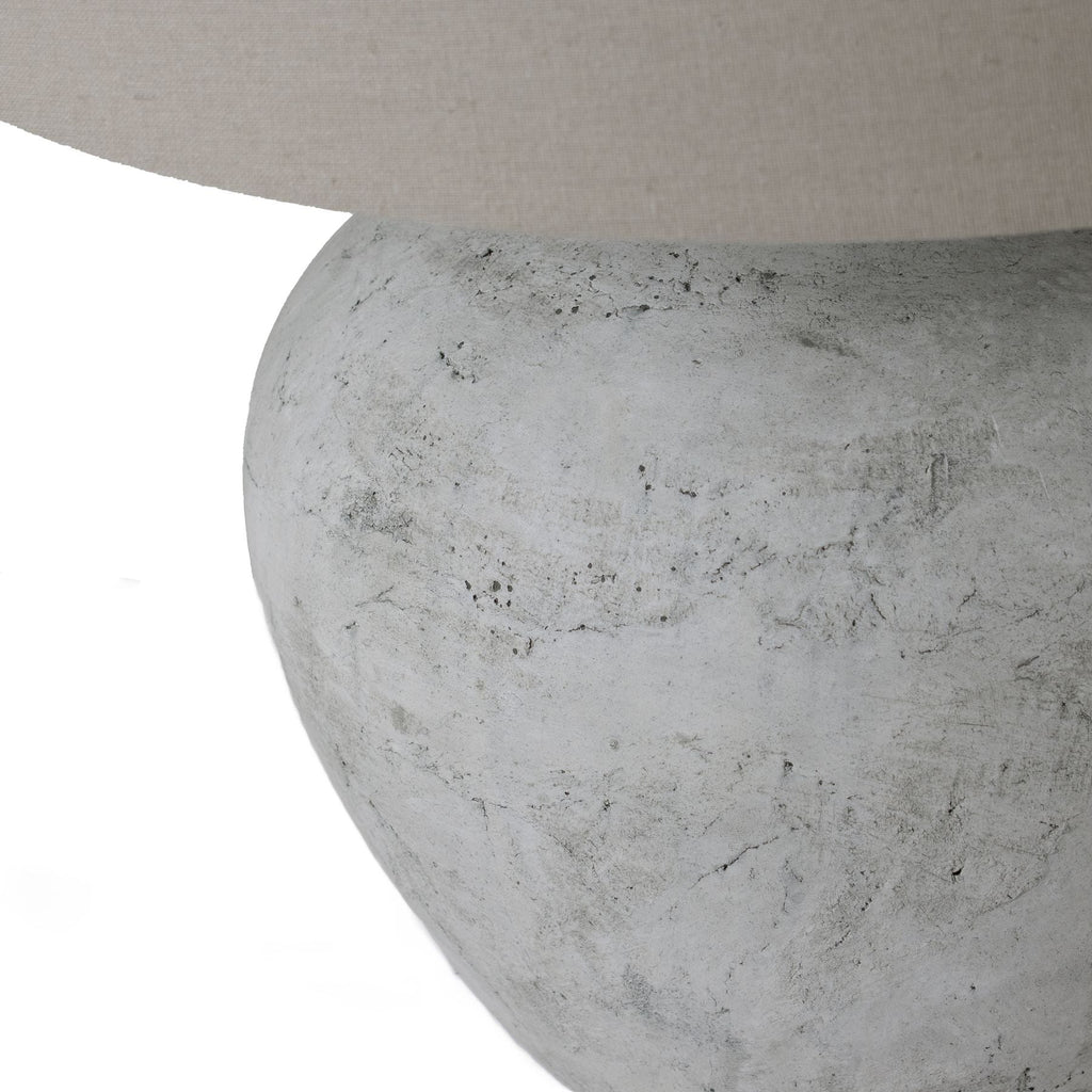 Aged Stone Round Table Lamp with Linen Shade - 23016 - Uneeka