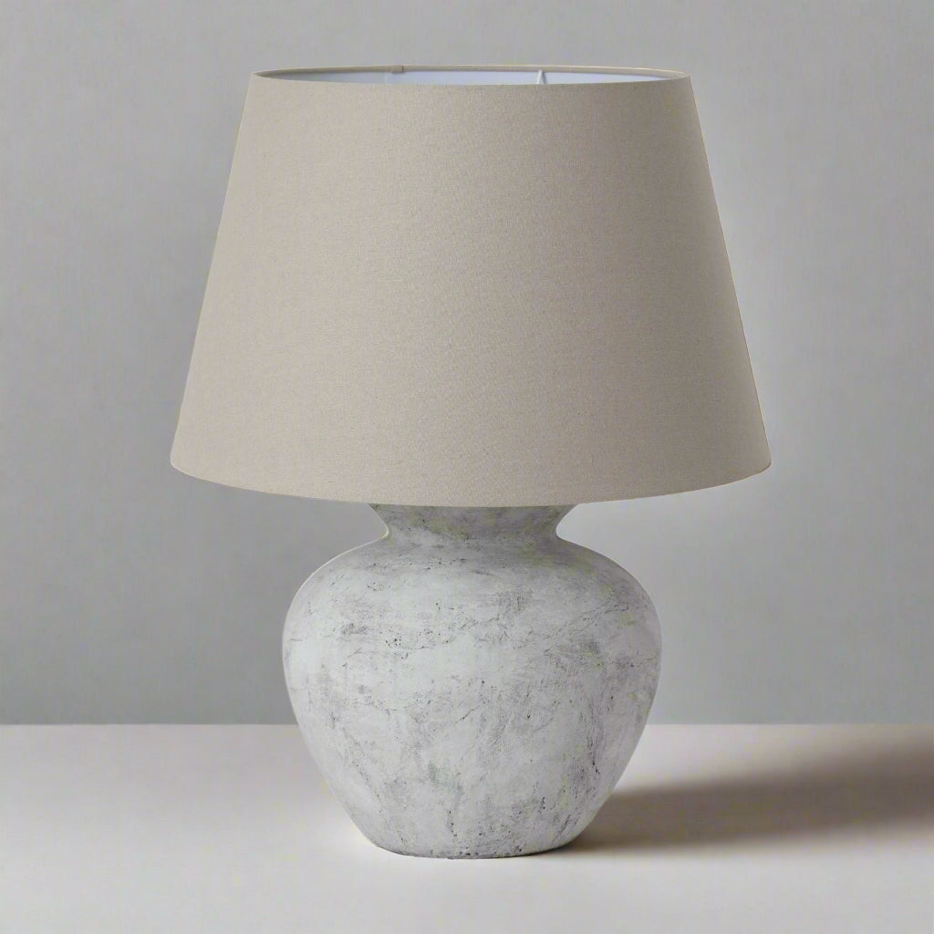 Aged Stone Round Table Lamp with Linen Shade - 23016 - Uneeka
