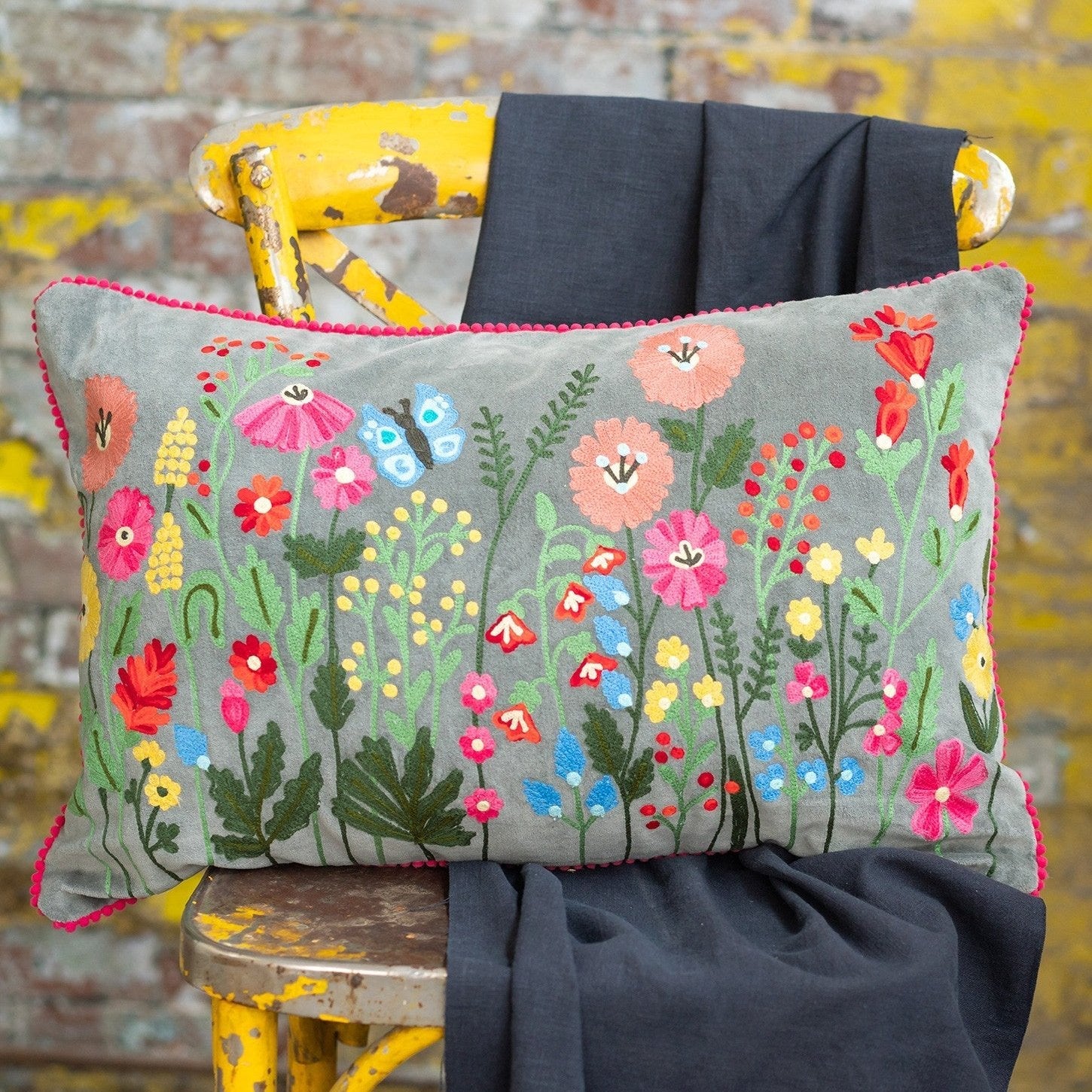 Wildflower Cotton Velvet Cushion - CC411 - Grey - Uneeka