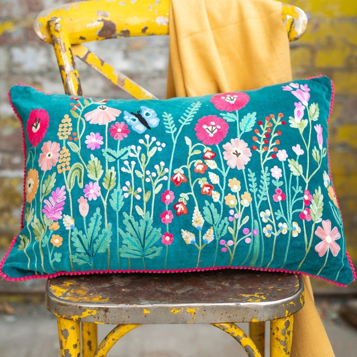 Wildflower Cotton Velvet Cushion - CC411 - TEAL - Uneeka